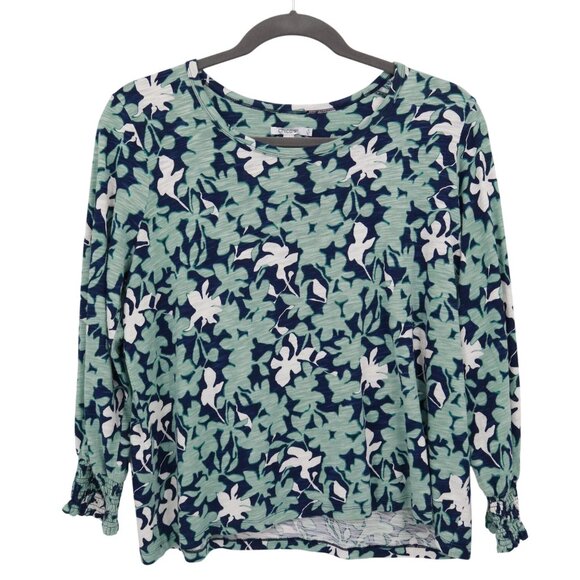 Chico's Floral Smocked Cuff Tee Womens XL Blue Bloomcore Peasant Boho Hippie‎ - Picture 2 of 16